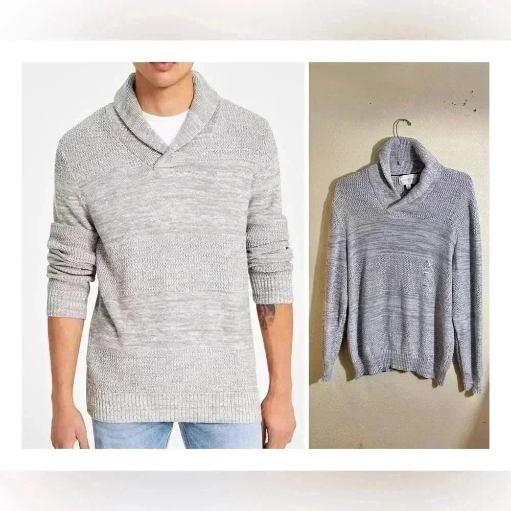 Sun + Stone Men XL Shawl Collar Sweater Pullover Gray Multi Knit Pattern NEW